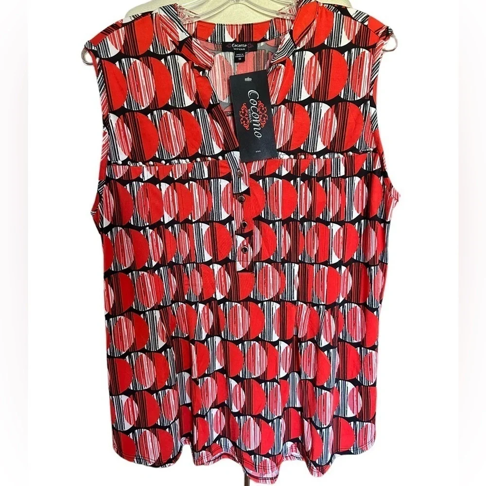 COCOMO 3X Red Black White Plus Size  sleeveless women's Blouse top tuni…
